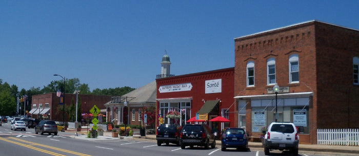 Brick storefronts in downtown Matthews, North Carolina