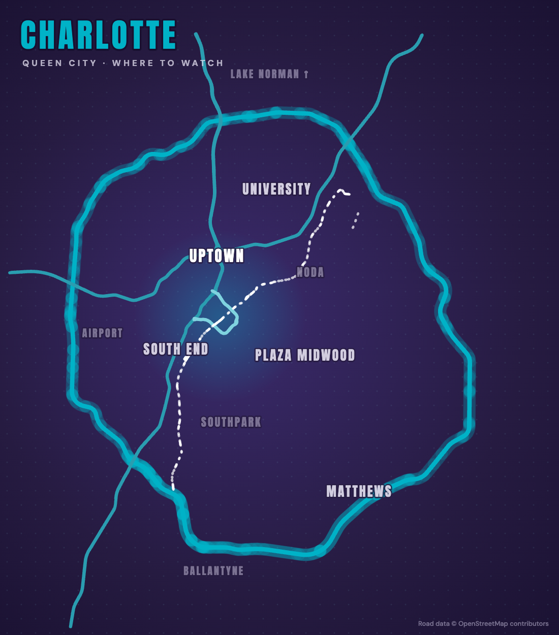 Stylized map of Charlotte showing Crown Club spots to watch Hornets away games