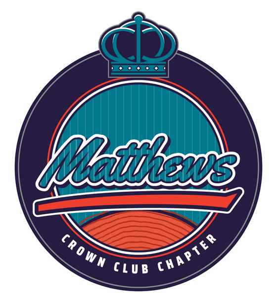 The Crown Club Matthews chapter badge: the Matthews script over teal pinstripes and tree-stump rings, under the Crown Club crown